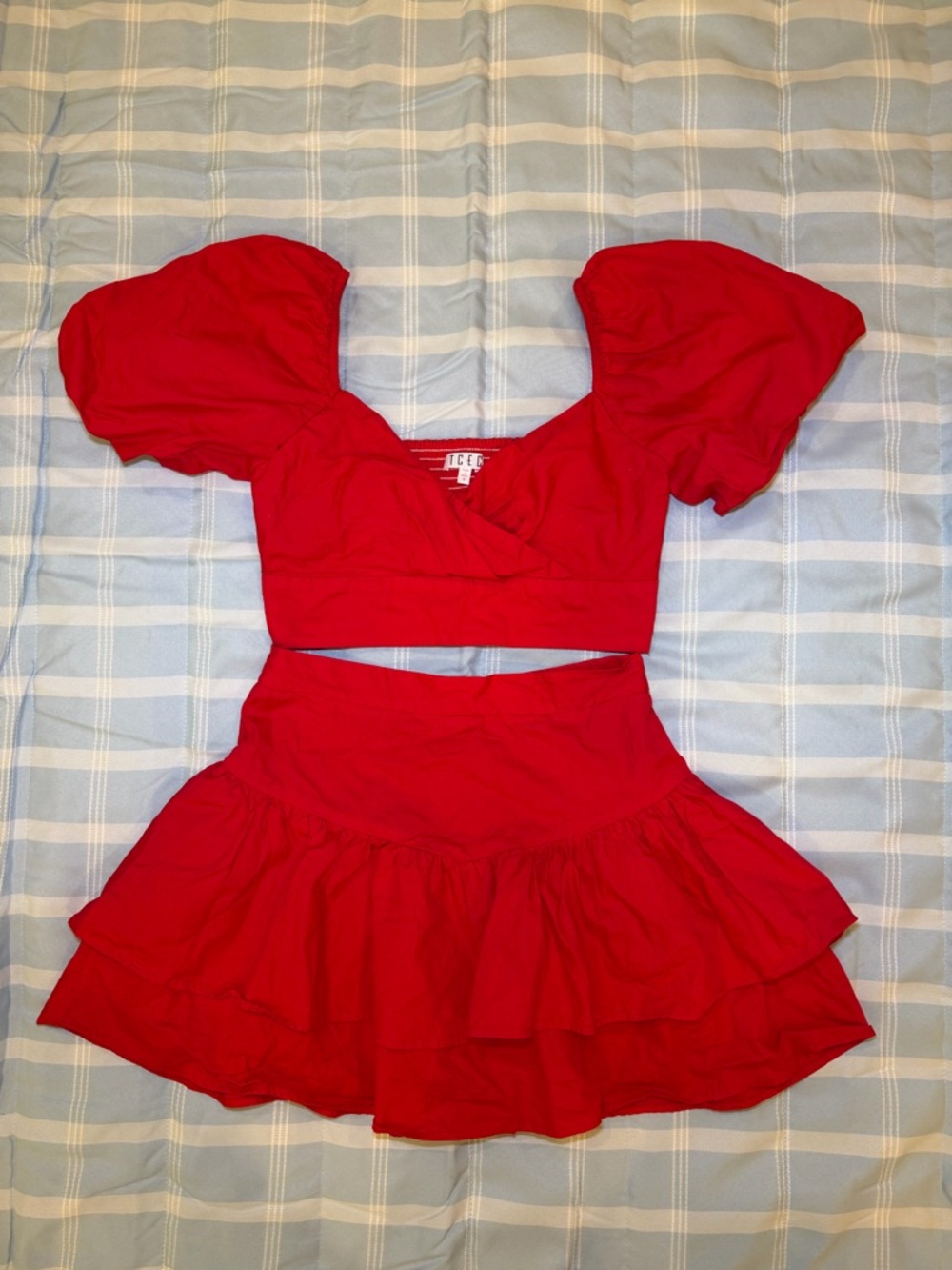 Red Two-Piece Puff Sleeve Crop Top and Tiered Skirt Set
